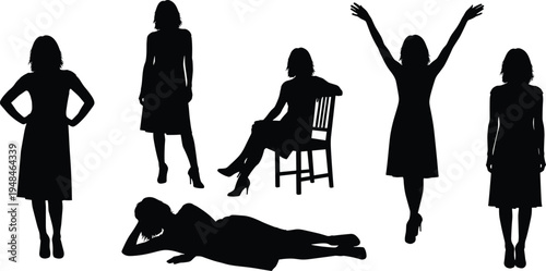 Collection of black female silhouettes in various poses including standing, sitting on a chair, lying down, and celebrating with arms raised