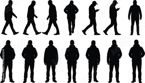 Large collection of male silhouettes in casual winter clothing walking, standing, and using smartphones, ideal for architectural visualization and urban design.