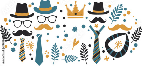Colorful illustration of various men s accessories and decorative elements for photo booth or party use