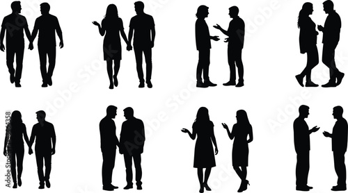 Set of silhouettes featuring couples holding hands, people talking, friends walking together, and colleagues communicating for social or business lifestyle concepts.