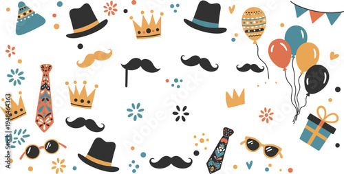 Birthday party accessories and decorations in colorful illustrations on white background