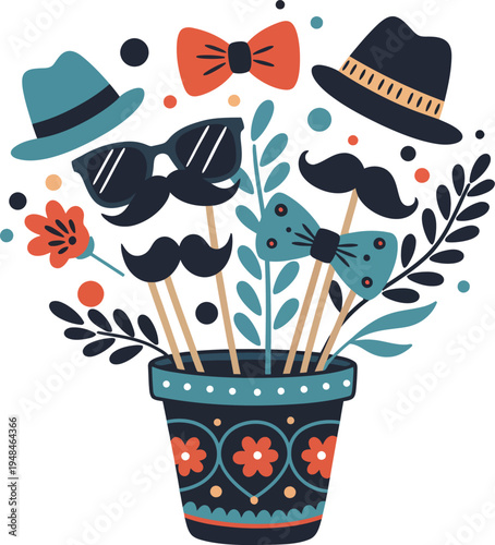Colorful photobooth props in a decorative vase on white background
