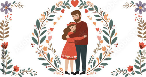 Young couple standing together in a floral oval frame with decorative border