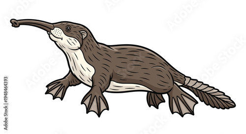 Fascinating illustration of the extinct Monotrematum, an ancient platypus-like creature with a long snout and webbed feet.