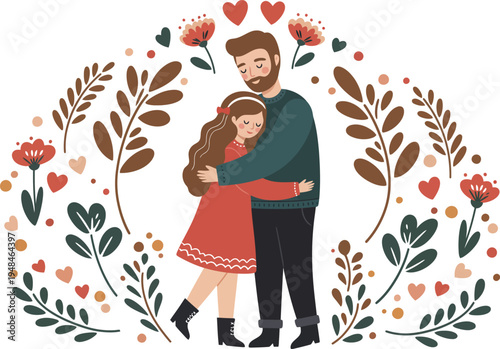 Loving couple embracing in floral archway illustration
