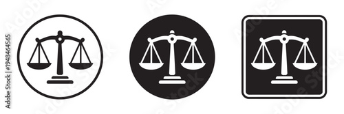 Scales of justice law and legal vector icon set, courtroom lawyer symbols, fairness and justice illustration, professional legal design projects