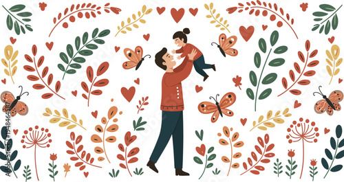 Loving couple embracing surrounded by colorful flowers butterflies and hearts on white background