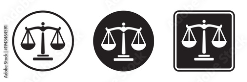 Scales of justice law icon set, vector illustration, courtroom lawyer law firm symbols, fairness and professional legal design collection
