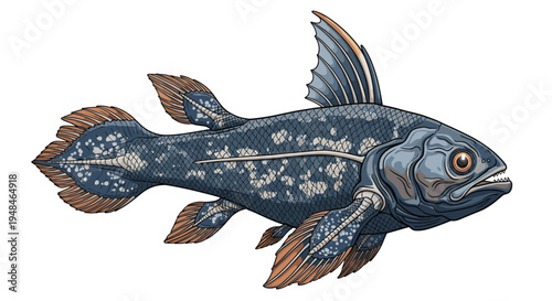 Fascinating coelacanth, a "living fossil," swimming gracefully with its unique lobed fins and distinctive patterned scales, a prehistoric fish.