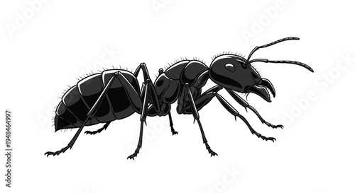 Detailed illustration of a black ant, showcasing its segmented body, strong mandibles, and antennae, a common social insect.