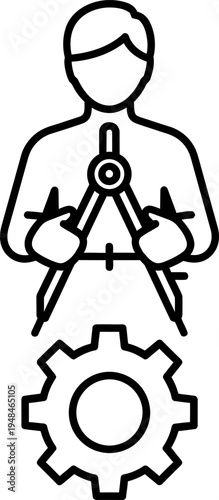 Engineering and Technical Design Concept, Engineer with Compass Tool and Gear, Industrial Planning and Precision Development Vector Illustration