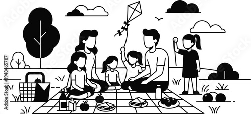 Family enjoying spring bank holiday outing with picnic and kite flying