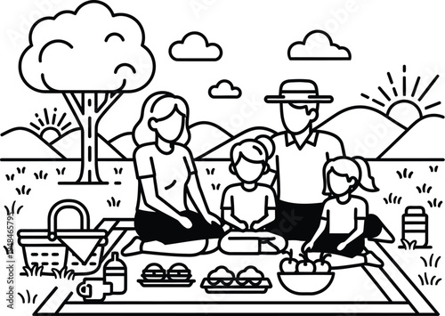 Family enjoying spring bank holiday picnic outdoors