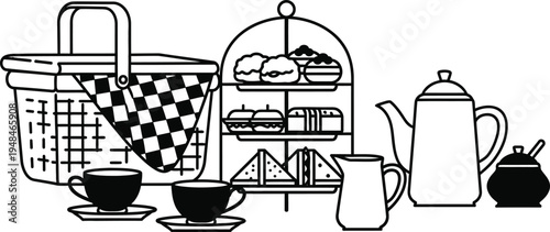 Spring bank holiday tea party outing with basket and teapot