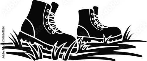 Spring bank holiday hiking boots in grass illustration