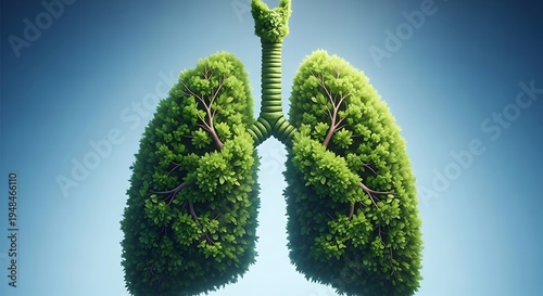 Healthy lungs covered in green leaves symbolizing nature and wellness