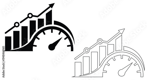 Business Growth Analytics Speedometer Icon Set, Performance Chart Increase Arrow KPI Dashboard Vector