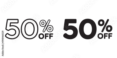 50 percent off vector icon, promotional discount illustration, isolated transparent, black outline filled design, marketing and sale symbol