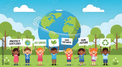 Diverse children protecting the Earth together.