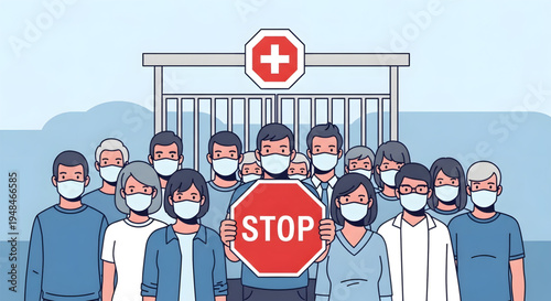 Medical staff wearing face masks protest.