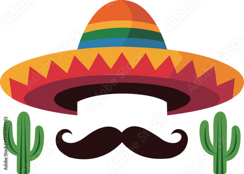 Mexican sombrero hat with mustache and cactus flat vector illustration