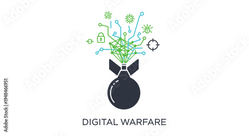 Digital warfare concept a bomb with a network of connections and security icons