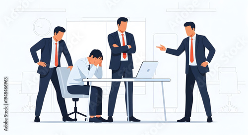 Businessmen in office discussing laptop.