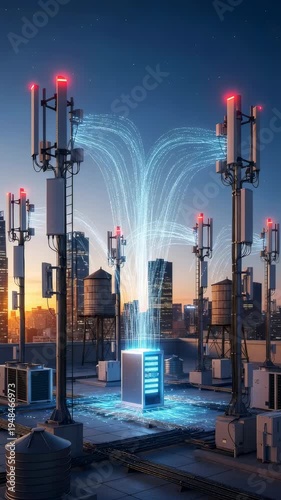 Network of cellular towers on a metropolis rooftop transmitting digital data streams from a server rack showing internet connectivity Vertical video