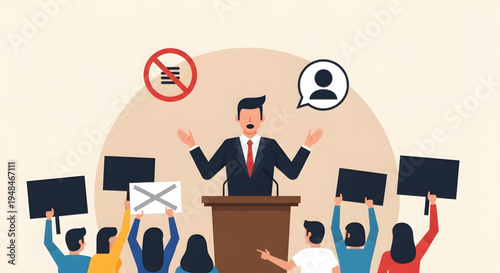 Businessman speaking at a podium with protesters.