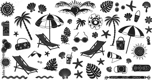 Black and white beach icons and symbols for summer vacation design