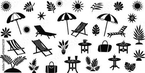 Black and white illustrations of beach and tropical elements including furniture and plants on white background
