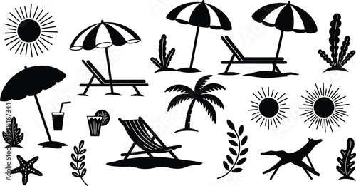 Black and white beach icons including umbrellas chairs palm trees and tropical plants
