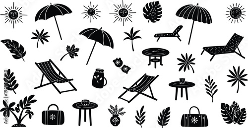 Black and white icons of summer vacation and outdoor leisure activities and objects