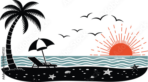 Beach scene with palm tree and sun setting over ocean with seagulls flying