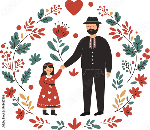 Vintage illustration of a man and a little girl surrounded by floral wreath with heart symbol