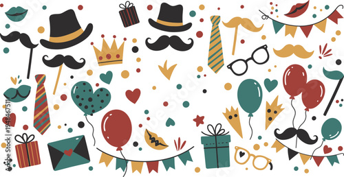 Colorful cartoon party props and decorations on white background for celebrations and events