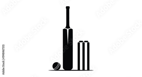 A black silhouette of a cricket bat ball and wickets on a white background