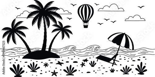 Tropical beach scene with palm trees hot air balloon and beach umbrella