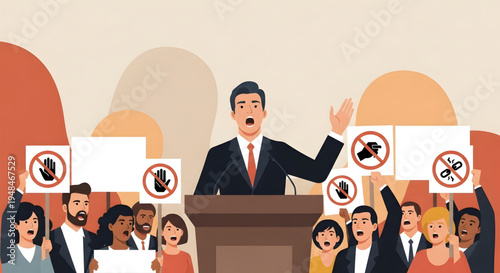 Man speaking at podium with protesters.