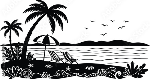 Tropical beach scene with palm trees and deck chairs on a sunny day by the ocean with seagulls flying