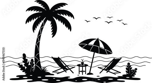 Black and white illustration of a serene beach scene with palm tree chairs umbrella and birds
