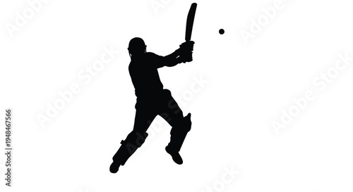Silhouette of a cricket batsman in mid swing against a white background