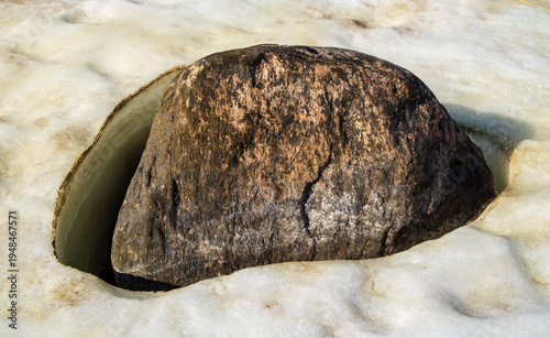 Stone in Melting Snow – Winter Nature Minimal Background