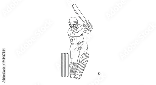 Sketch of a cricket player preparing to hit a ball near the wickets