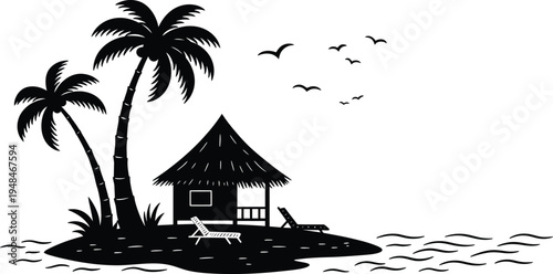 Black and white tropical island hut with palm trees and birds flying overhead on a serene ocean landscape scene