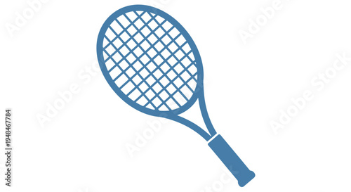 Blue tennis racket vector illustration with grip and stringed head isolated on white