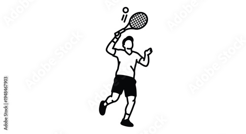 Black and white illustration of a tennis player preparing to serve a ball