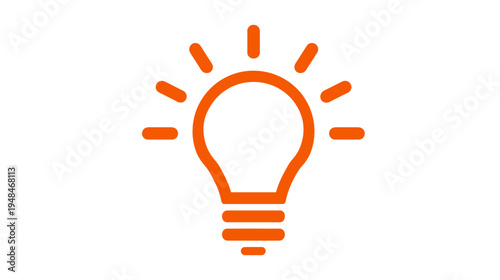 An orange, stylized lightbulb with radiating lines on a white background, symbolizing ideas