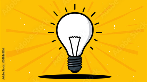 A cartoon image depicting a glowing light bulb with rays against a golden yellow background
