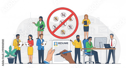 Diverse office workers with resume and no smoking sign.